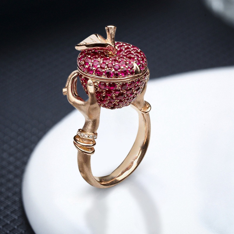 Luxury Crystal Apple Wedding Ring Unisex Punk Hip Hop Secret Compartment Rings for Women Men Anniversary Gift Jewelry