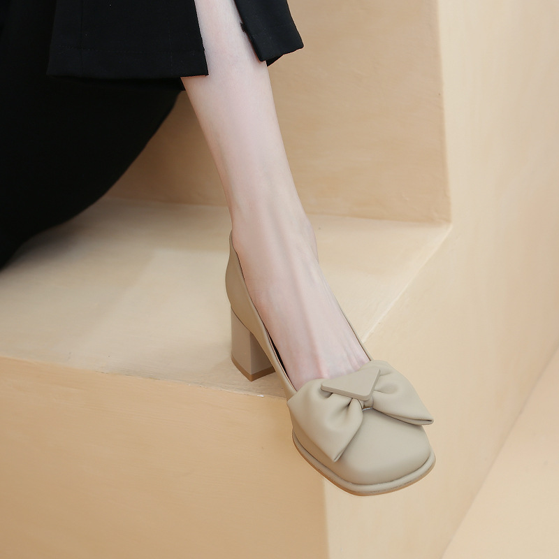 Bow square head shallow cut single shoes women thick heels Mary Jane women's shoes fashion women's small leather shoes