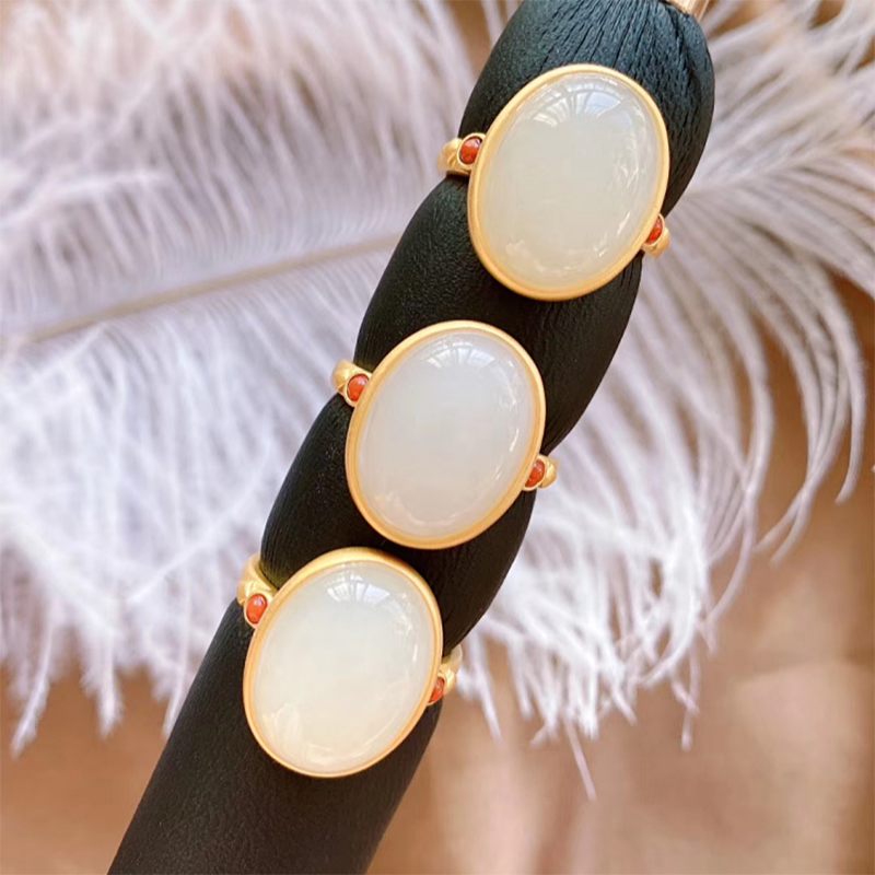 New Silver Inlaid Hetian Chalcedony Egg Face Big Ring Temperament Neutral Men And Women Models Opening Adjustable Brand Jewelry