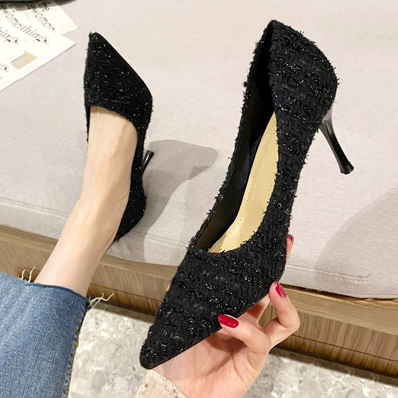 Cloth Tweed Pointed Toe Pumps Ladies Elegant Thin High Heels Office Women Brand Designer Slip On Stiletto Heel Party Shoes 3198