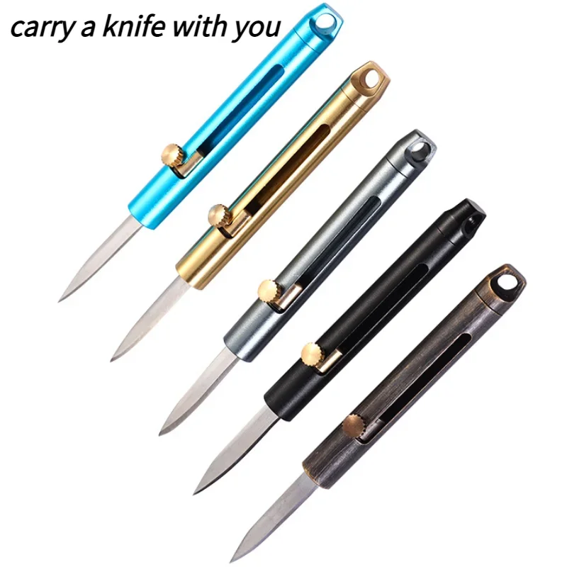 Unpacked Mini Brass Knife Portable Pocket Knife Push Pull Automatic Spring Fruit Knife Keychain Pendant Gift
