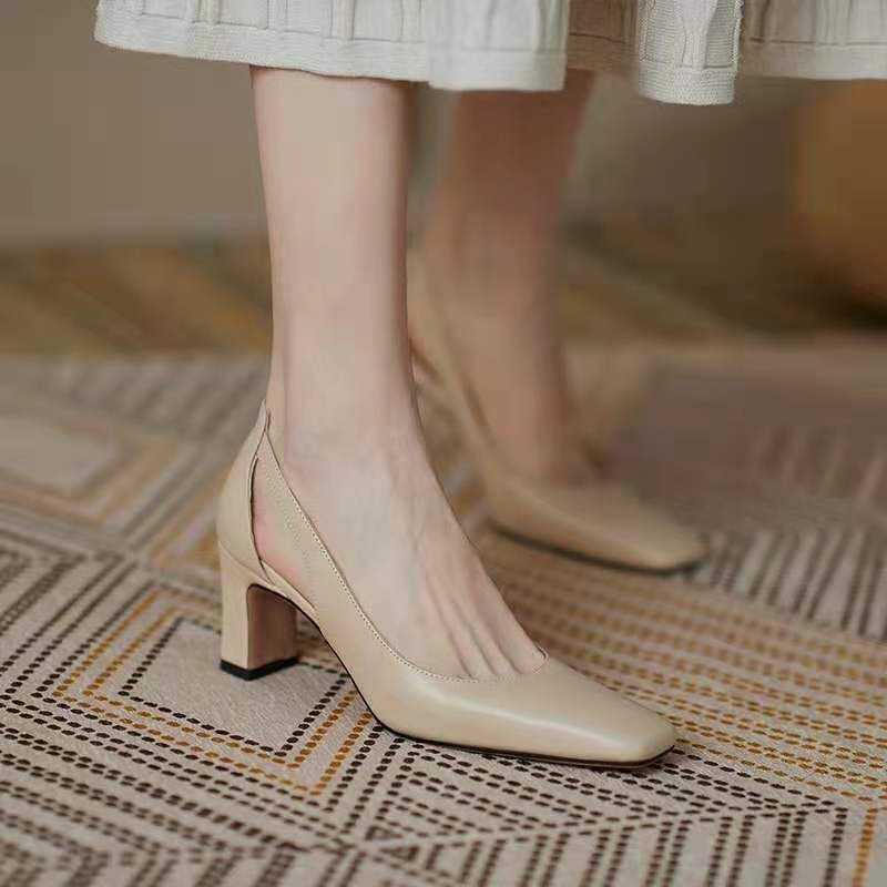 Women Dress Shoes High NEW hot Heel Simple Style Versatile Square Toe Triple Black Apricot Free shipping