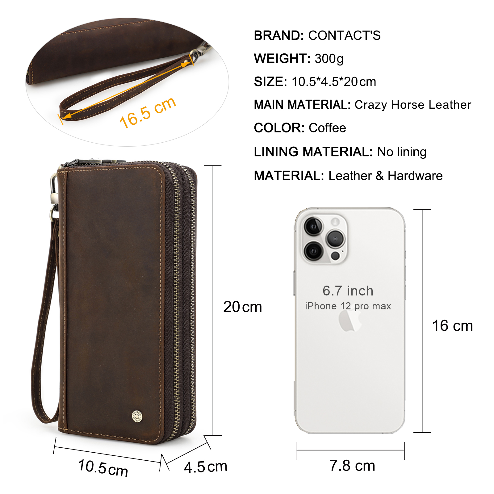 CONTACT'S Genuine Leather Clutch Wallets For Men Long Vintage Zipper Handbags Coin Purses Card Holders Money Clip Men's Wallets