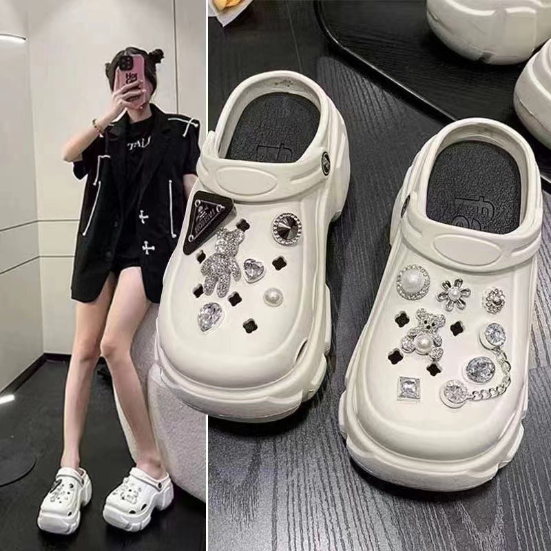 EVA Summer Outwear High Beauty Thick Sole Hole Shoes for Girls, Tall Height Cartoon Diamond Bears, Beach Headband Cool Slippers
