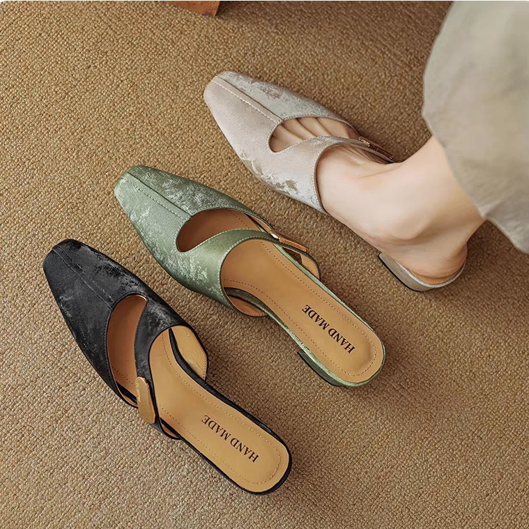 Chinese Style Baotou Half Slippers For Women New Summer Square Headed One Step Thick Heel Sandals With Hollow Embroidered High Heels Ddmysheep Ddmyshe