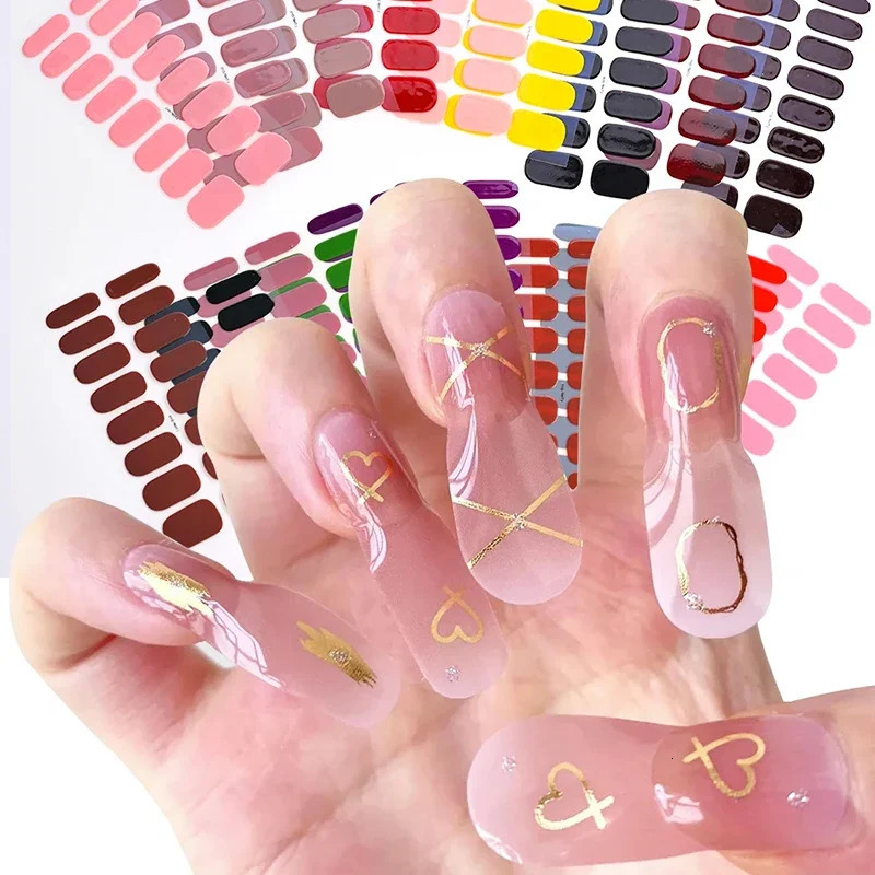 DIY Semi Cured Gel Nail Stickers Long-Lasting Solid Color Nail Strips Patch Slider Nail Sticker Full Cover Decal Manicure Patch i240621