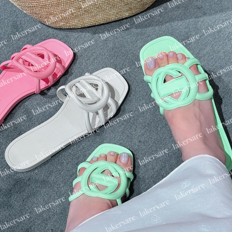 Designer Sandals Women Interlocking Slides Rubber Slippers Ladies Flat Beach Jelly Script Orange Summer Fall Mules Outdoor Waterproof Luxury size 35-42