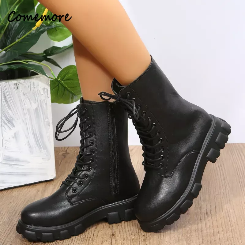 Comemore PU Leather White Ankle Boots Motorcycle Female Chunky Heels Platform Boot Boots Women 2023 Autumn Winter Botas Mujer 43
