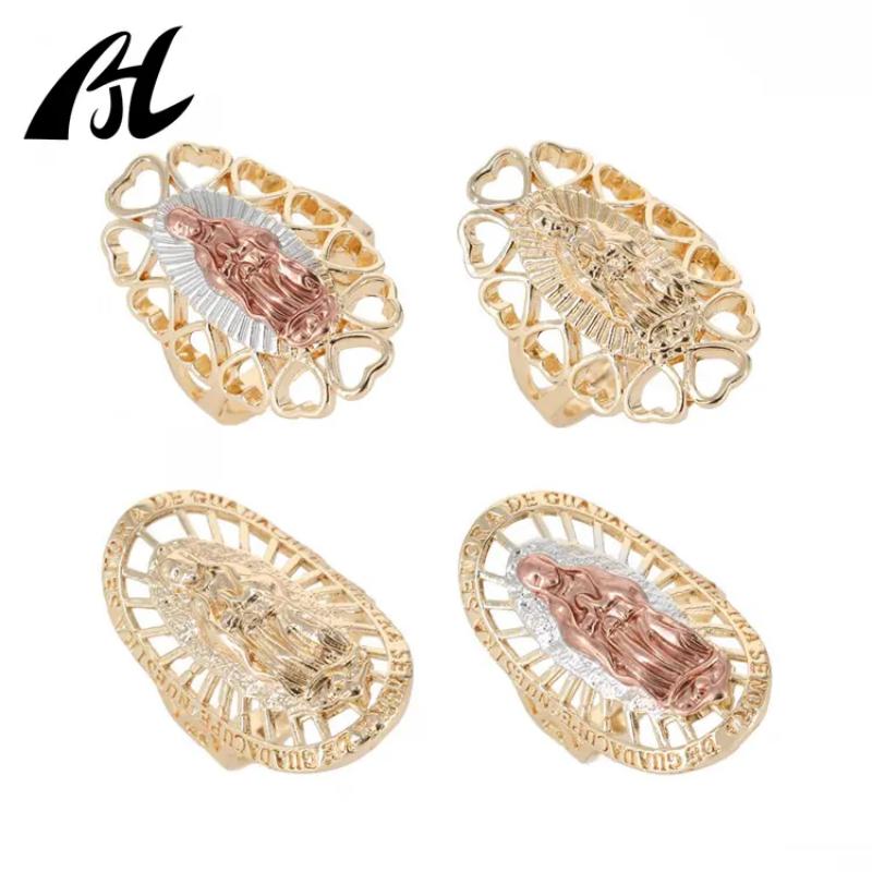 2023 The latest design of religious jewelry ring Oro Laminado Gold Plated 14k Virgin of Guadalupe Tricolor