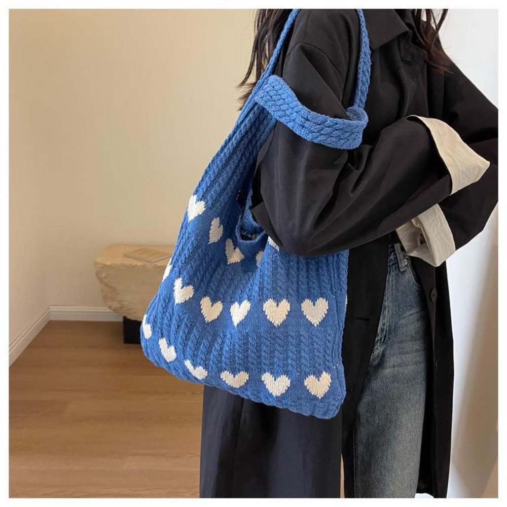 Designer Knitted Handbags Women Large Capacity Hollow Woven Shopping Bags Heart Print Casual Lightweight Single Shoulder Bags