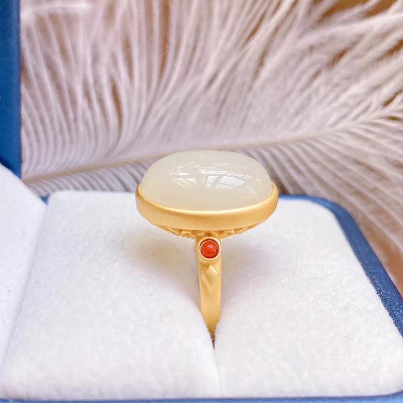 New Silver Inlaid Hetian Chalcedony Egg Face Big Ring Temperament Neutral Men And Women Models Opening Adjustable Brand Jewelry