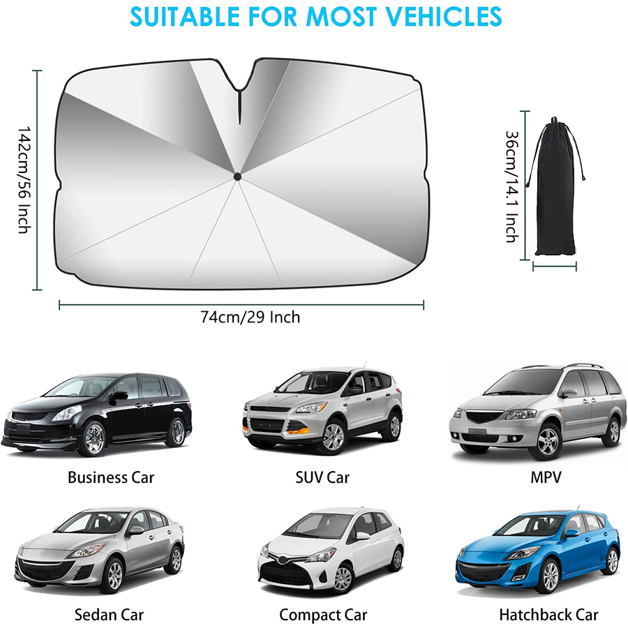 Upgraded 190T Fiber Glass Auto Car SUV Universal Front Windshield Window Sun Shade Visor Heat Insulated Folding Umbrella Cover