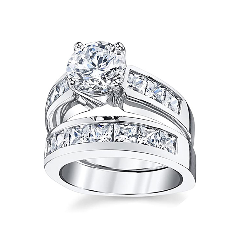 Sterg Sier Couple Wedding Rings: Elegant Bridal Set with Round Cut White Topaz CZ Dias