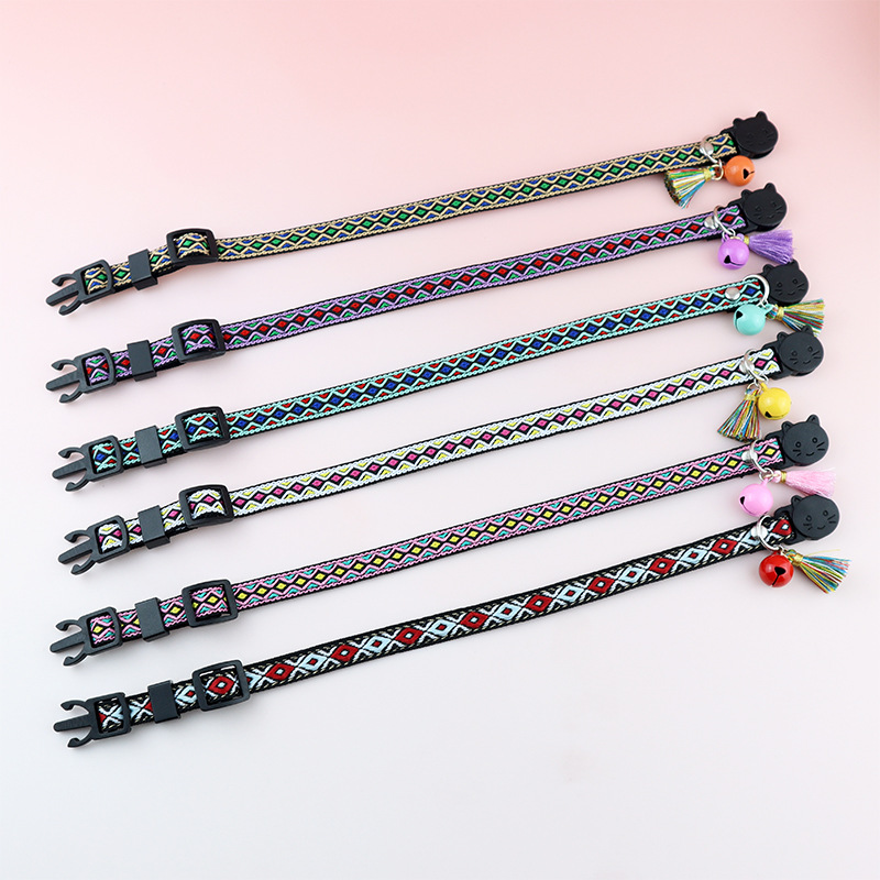 Pet Cat Collar Bell Tassel Colorful Rhombus Ethnic Style Pet Collar Adjustable Cat Collars for Kitten and Puppy Pet Accessories
