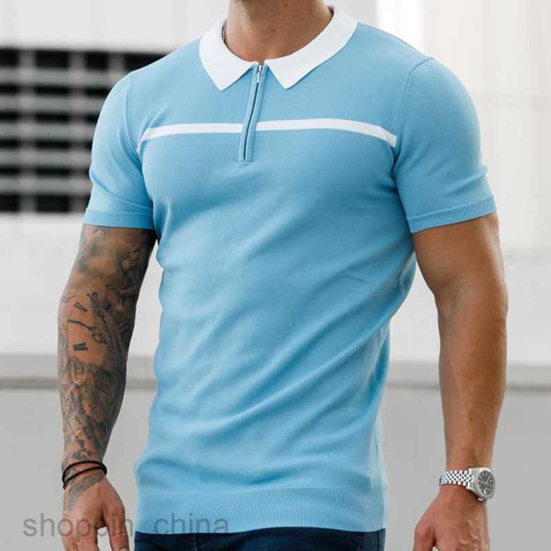 Men's Polos Shirts size new Male slim fit color blocking stand up collar casual vertical stripe short sleeved youth men top tops