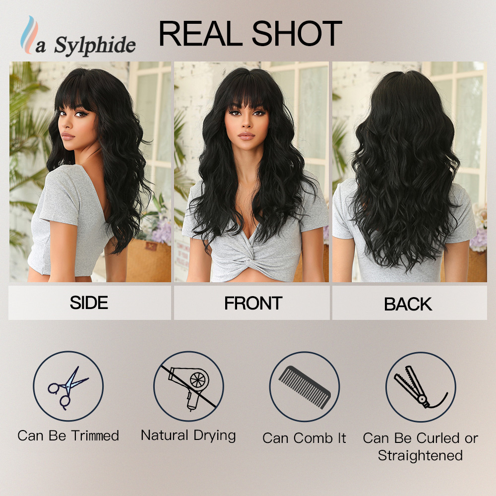 La Sylphide Black Wig with Bangs Long Water Wavy Wigs for Women Party Wigs Cosplay Daily Use High Density Fiber Hair