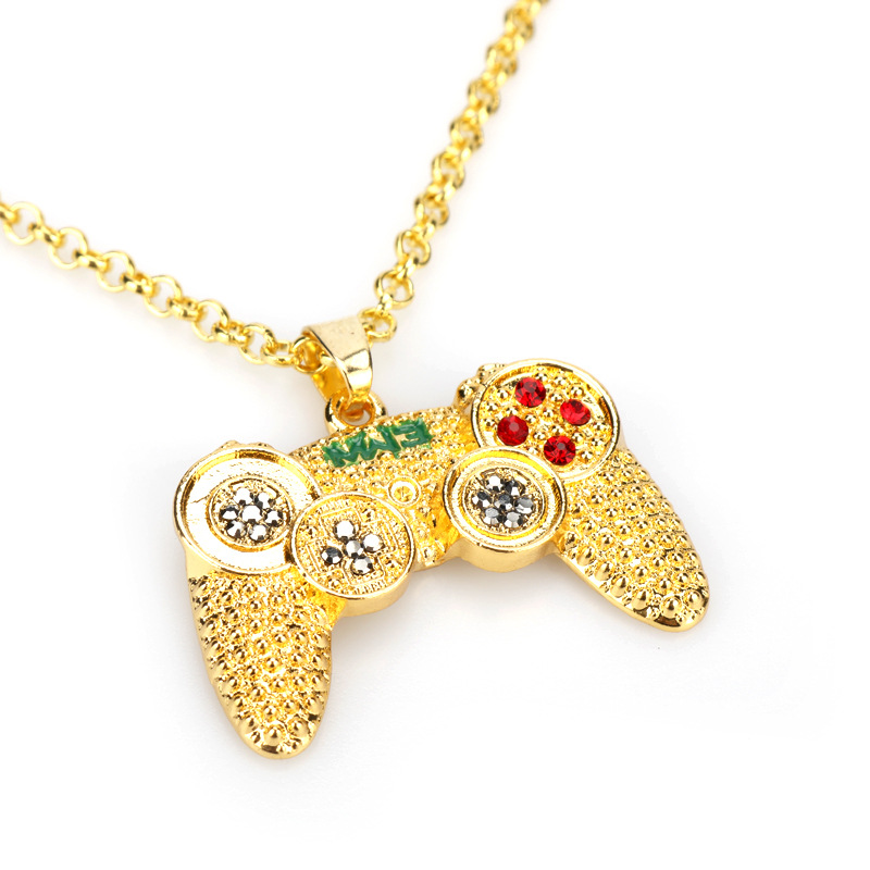 Hip-Hop Jewelry Game Console Handle Necklace Pendant Gold Color Chain Rhinestone Necklace Charms for Children Boys Gifts