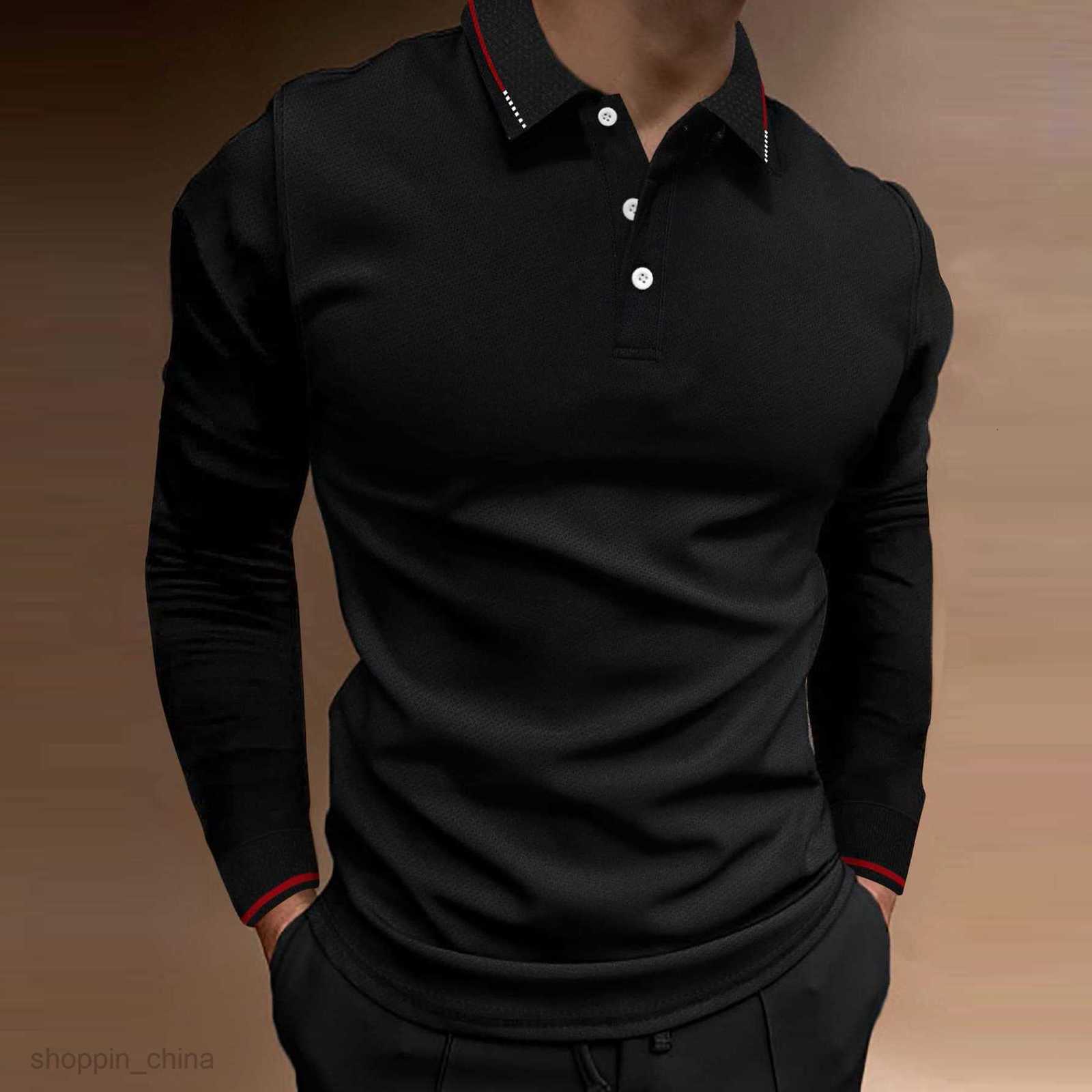Men's Polos Shirts Male autumn sports fitness leisure collar vertical stripe long sleeved POLO tops