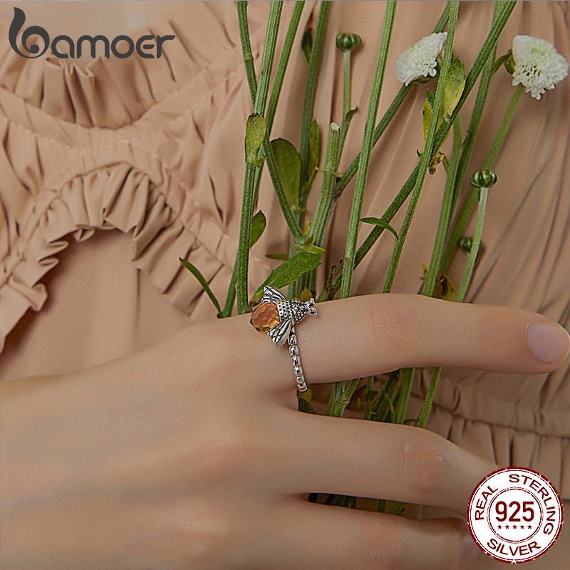 BAMOER 925 Sterling Silver Elegant Honey Bee Rings Cute Animal Lucky Silver Ring Bumblebee Lovers Jewelry Gifts for Women