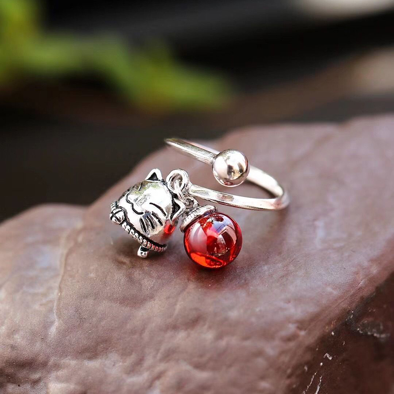 Japanese And Korean Trendy New Silver Retro Lucky Cat Bell Opening Adjustable Ring Female Index Finger Gift
