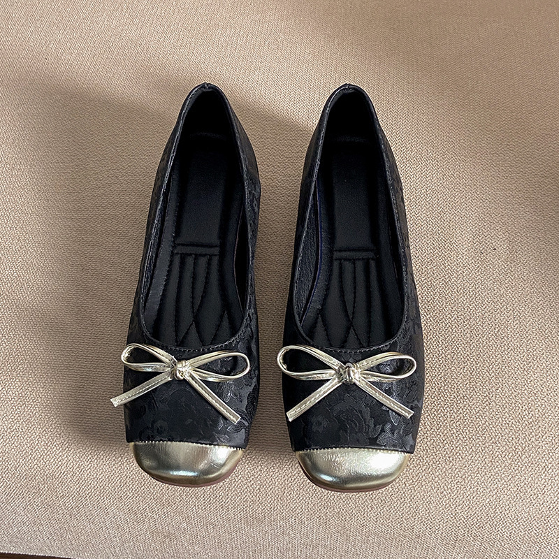 2024 new national style color matching bow head shallow mouth single women's soft soled Chicken rolls flat bottomed bean shoes