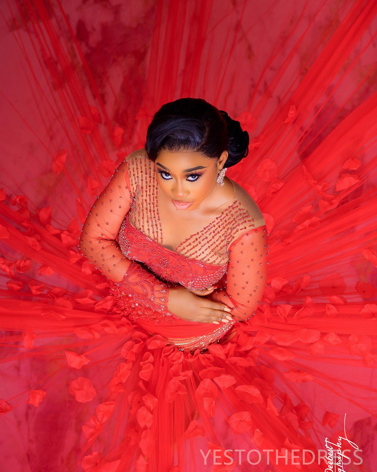 R&W 2024 Plus Size Red Prom Dress Mermaid Promdress Illusion Sheer Neck Long Sleeves Beaded Rhies ra Tiered Tulle Birthday Gown Second Reception Gowns