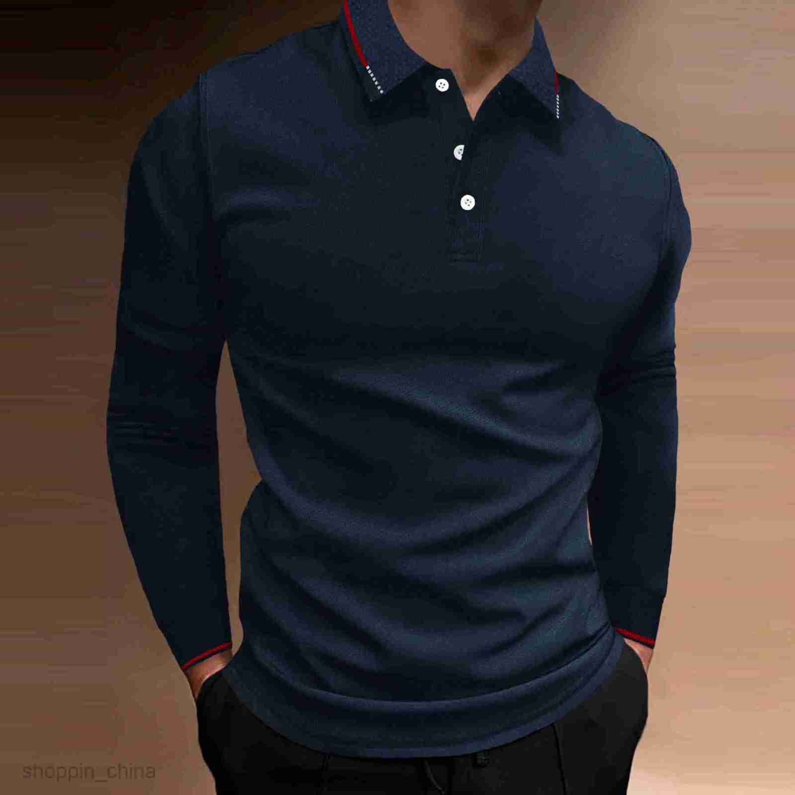 Men's Polos Shirts Male autumn sports fitness leisure collar vertical stripe long sleeved POLO tops