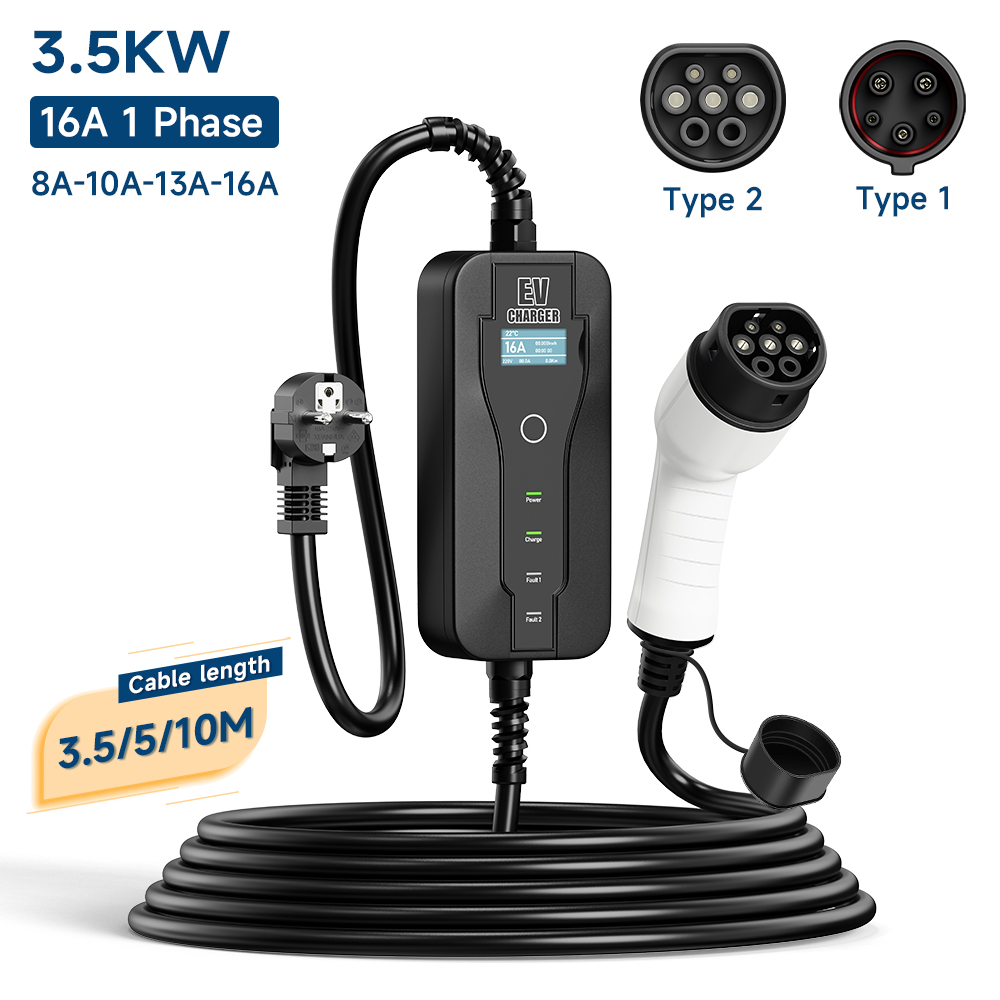 16A 3.5KW Portable EV Charger 2025 Type2 IEC62196-2 EVSE Fast Charging Box Type1 SAEJ1772 EU Plug new Controller Wallbox for Electric Car