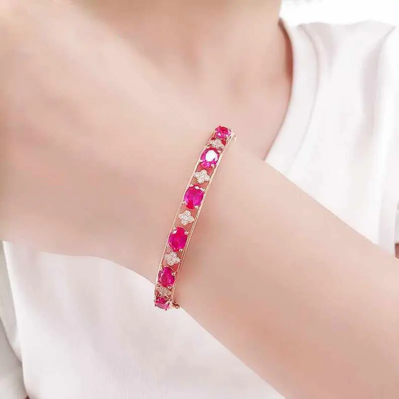 Designer creativity 585 Purple Gold Luxury Ruby flower Bracelet for Women Plated 14K Rose Gold Wedding Bangles Banquet Jewelry