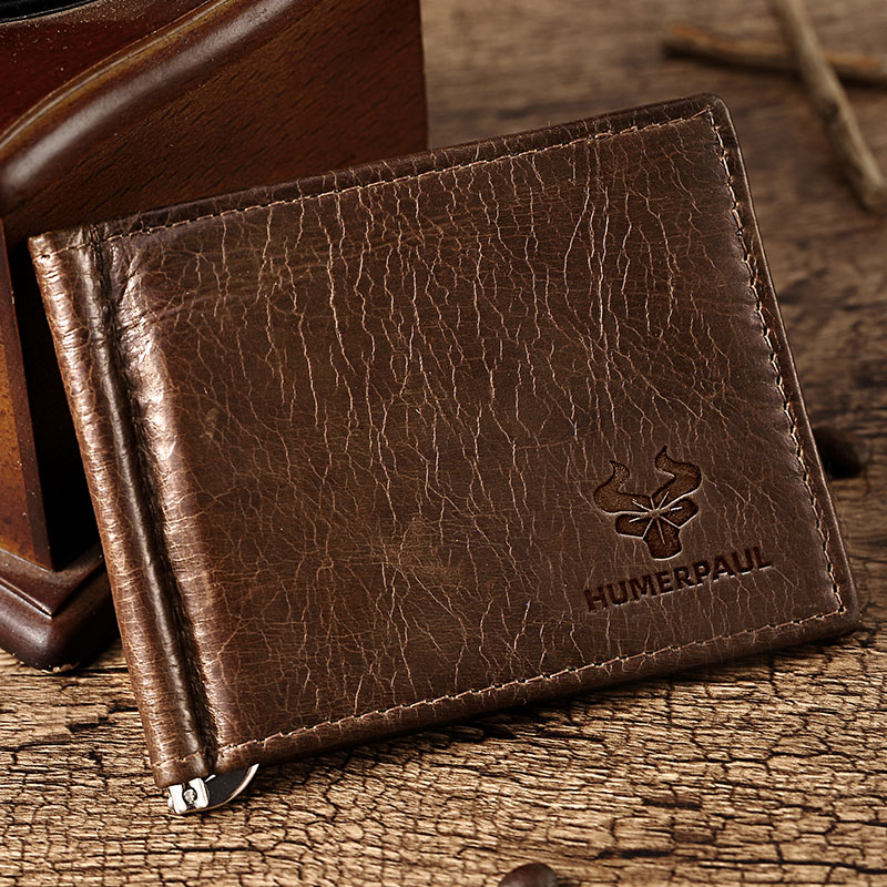 Ultra-thin Men's Money Clip Wallet Vintage Genuine Leather Bifold Card Holder Purse Mini High Quality Male Money Purse Cartera