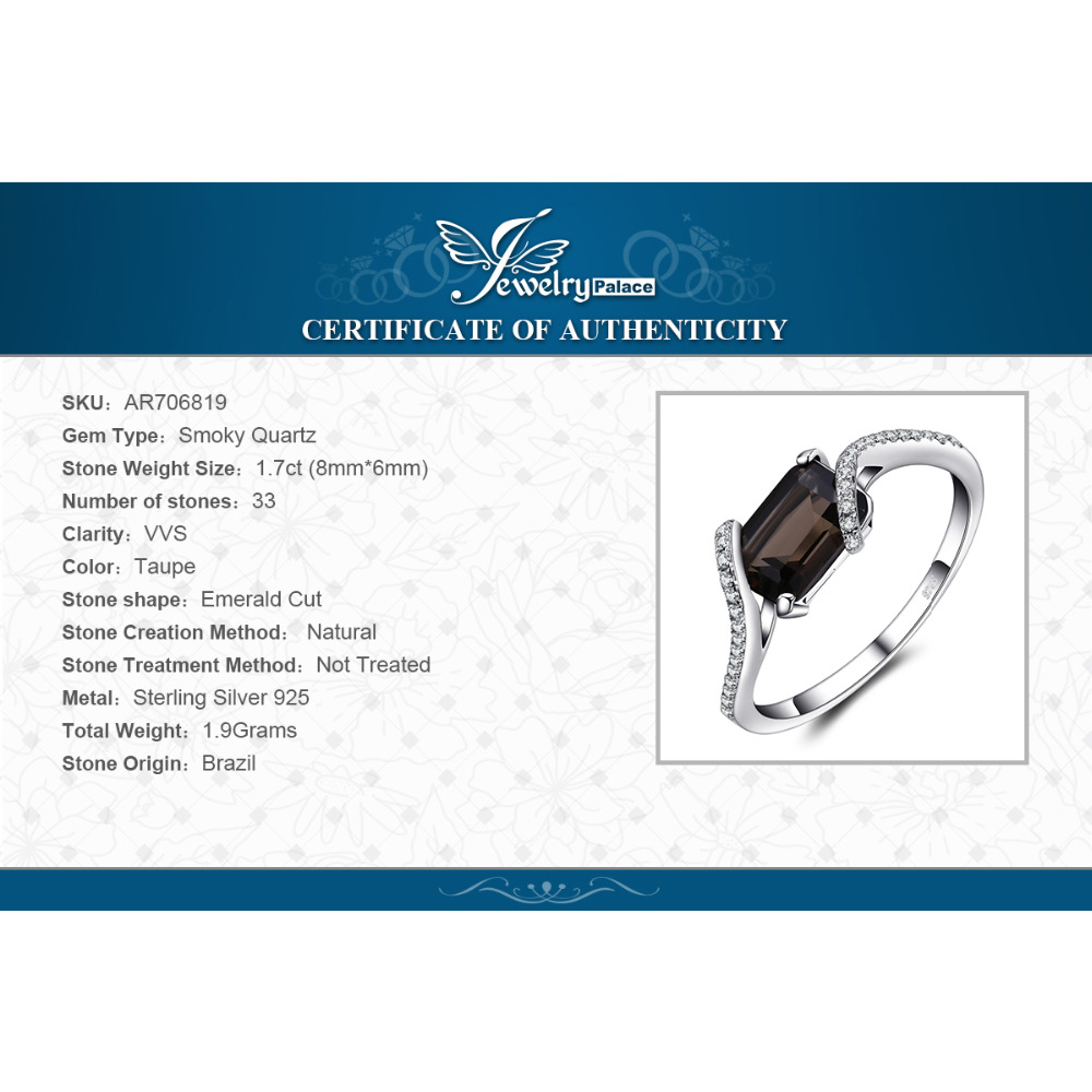 1.7ct Emerald Cut Genuine Smoky Quartz 925 Sterling Silver Ring for Woman Wedding Engagement Gemstone Jewelry