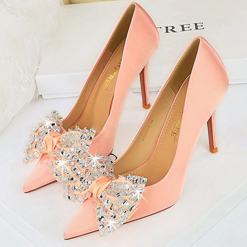 2024 Bow Knot Rhinestone Women Pumps Large Size 43 High Heels Luxury Banquet Shoes Stilettos Sexy Party Shoes Design Lady Heels