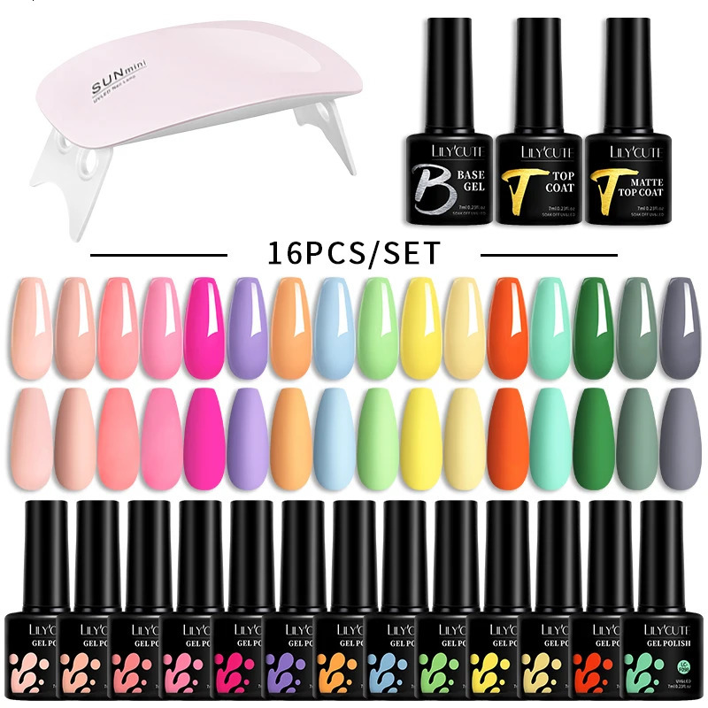 LILYCUTE 7ML Gel Nail Polish Set Glitter Nail Gel Kit With 6W UV Lamp DIY Manicure Soak Off Base Matte Top Coat Nail Art Gel 240621