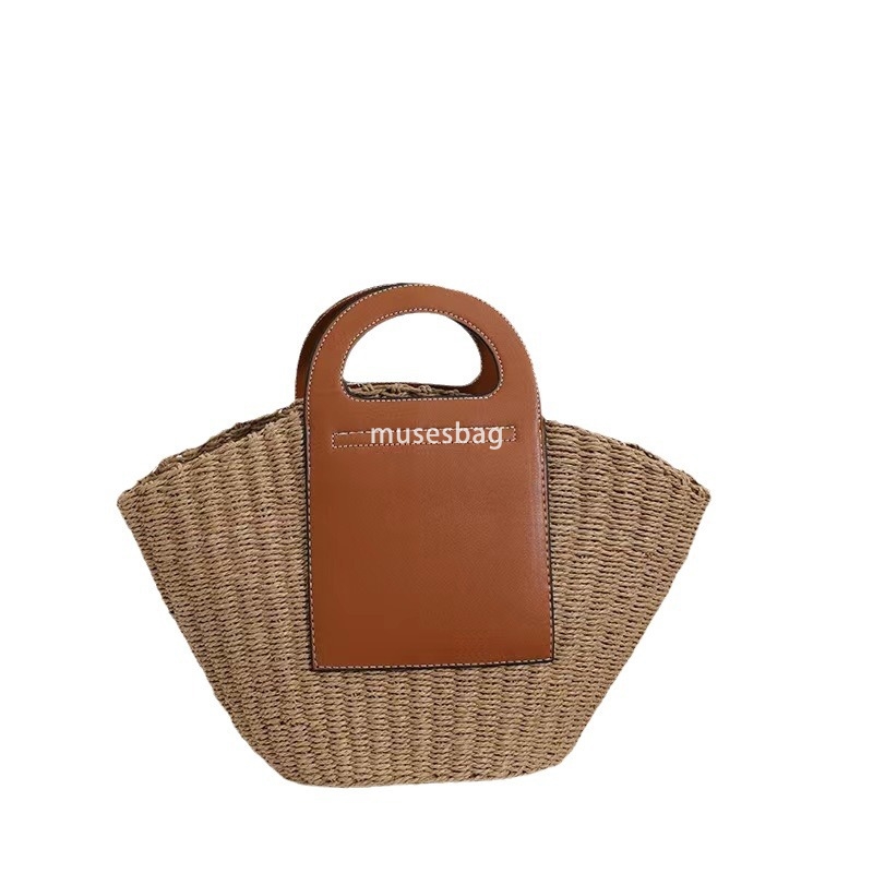 Advanced Women's Designer Classic Splicing French Retro New Large Capacity Handheld Woven Bag Magnificent Handheld Vine Woven Bag Vacation Beach 