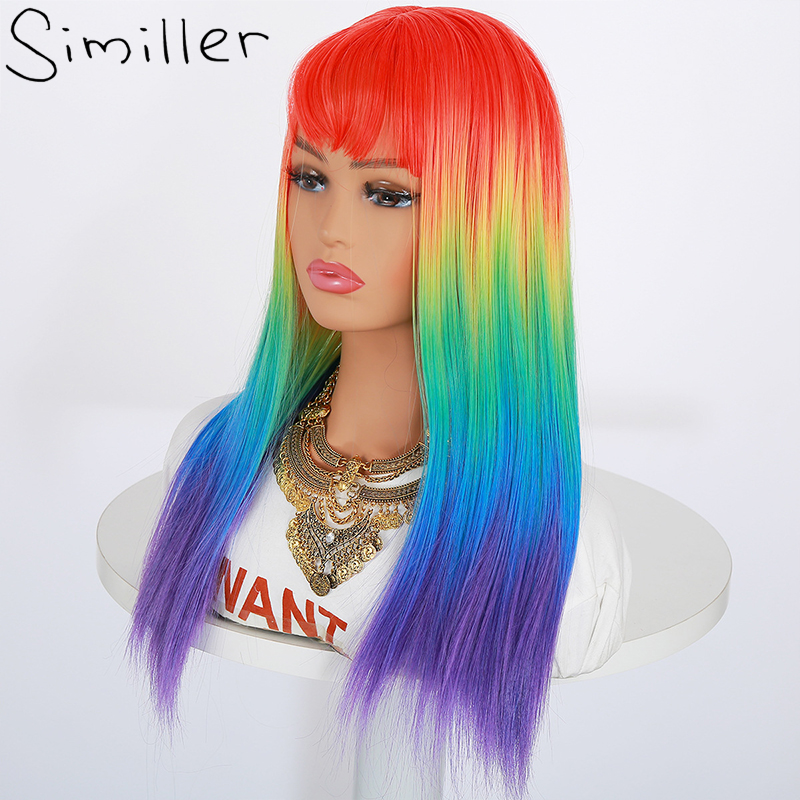 Similler Long Women Synthetic Colored Wig Straight Hair Heat Resistance Ombre Rainbow Cosplay Wig with Bangs
