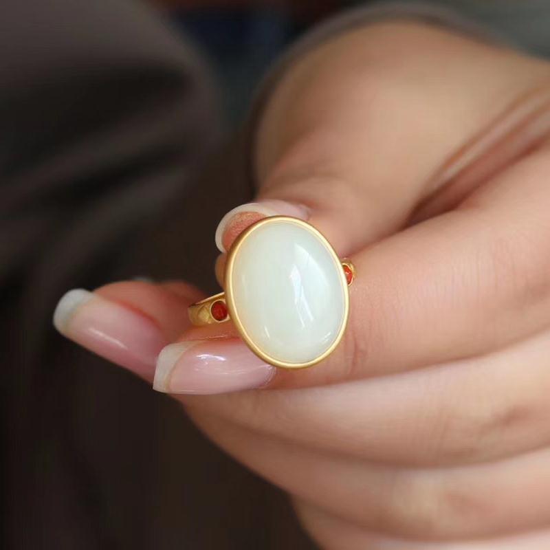 New Silver Inlaid Hetian Chalcedony Egg Face Big Ring Temperament Neutral Men And Women Models Opening Adjustable Brand Jewelry