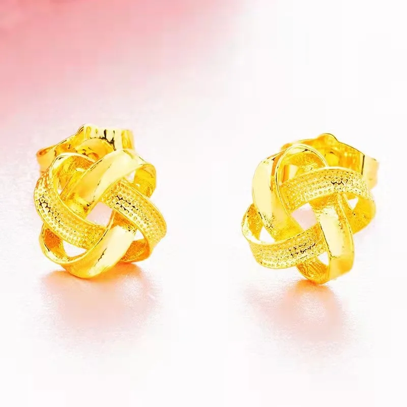 Genuine 14k Gold Ruyi Chinese Knot Earrings for Women Girlfriend Wedding Birthday Gift 999 Gold Color Earrings Fine Jewelry Gift