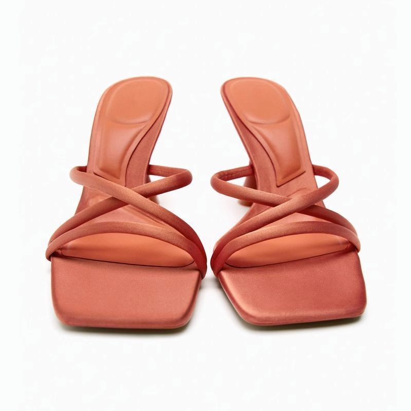 New Product Women's Shoes Coral Red Cross Ribbon High Heel With Satin Texture Square Headed Outward Wearing Sandals