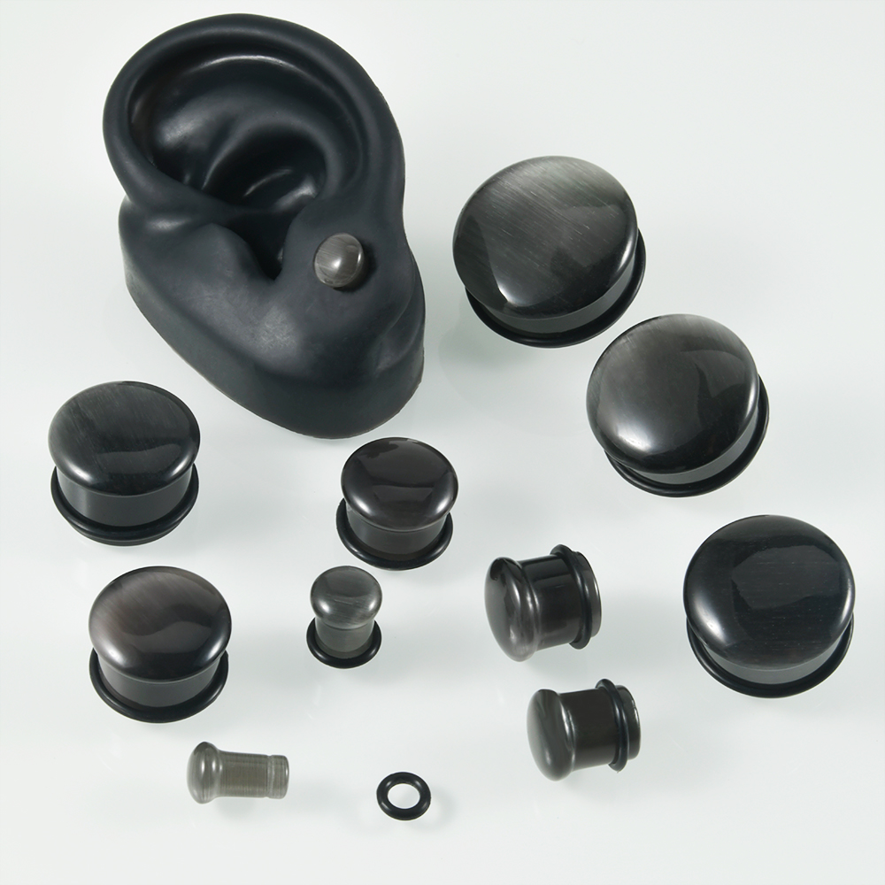 1Pai Black Obsidian Stone Single Flared Ear Plug Polished Convex Surface Solid Cat Eye Ear Expander Gauge Piercing Jewelry 2G-1"