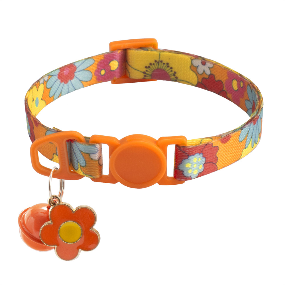 1.0cm Printed Pet Collar Adjustable Safety Buckle Cat Collar with Bell and Metal Flower Pendant for Cats and Puppy Pet Supplies