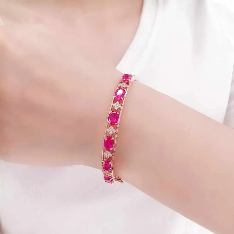 Designer creativity 585 Purple Gold Luxury Ruby flower Bracelet for Women Plated 14K Rose Gold Wedding Bangles Banquet Jewelry