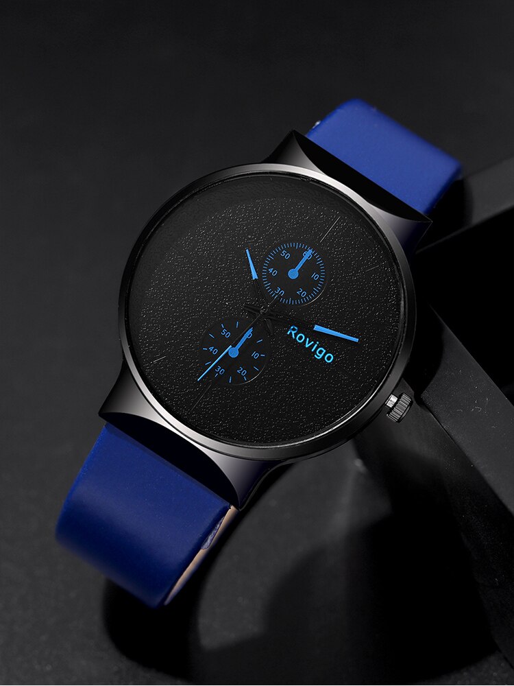 2pcs MEN'S Fashionable and Minimalist MEN'S Blue Belt Quartz Watch+bracelet Set