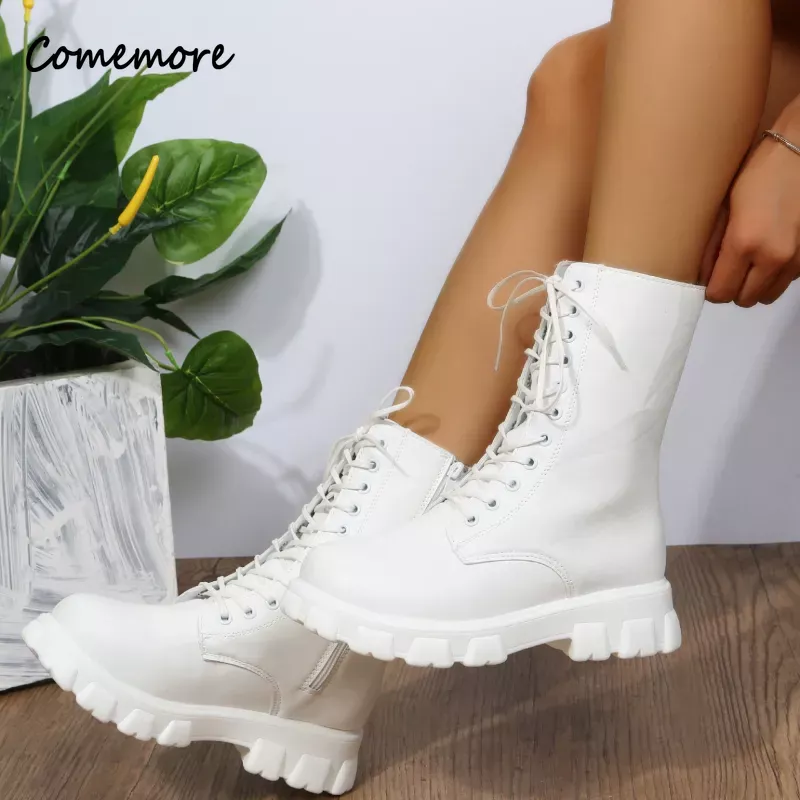 Comemore PU Leather White Ankle Boots Motorcycle Female Chunky Heels Platform Boot Boots Women 2023 Autumn Winter Botas Mujer 43