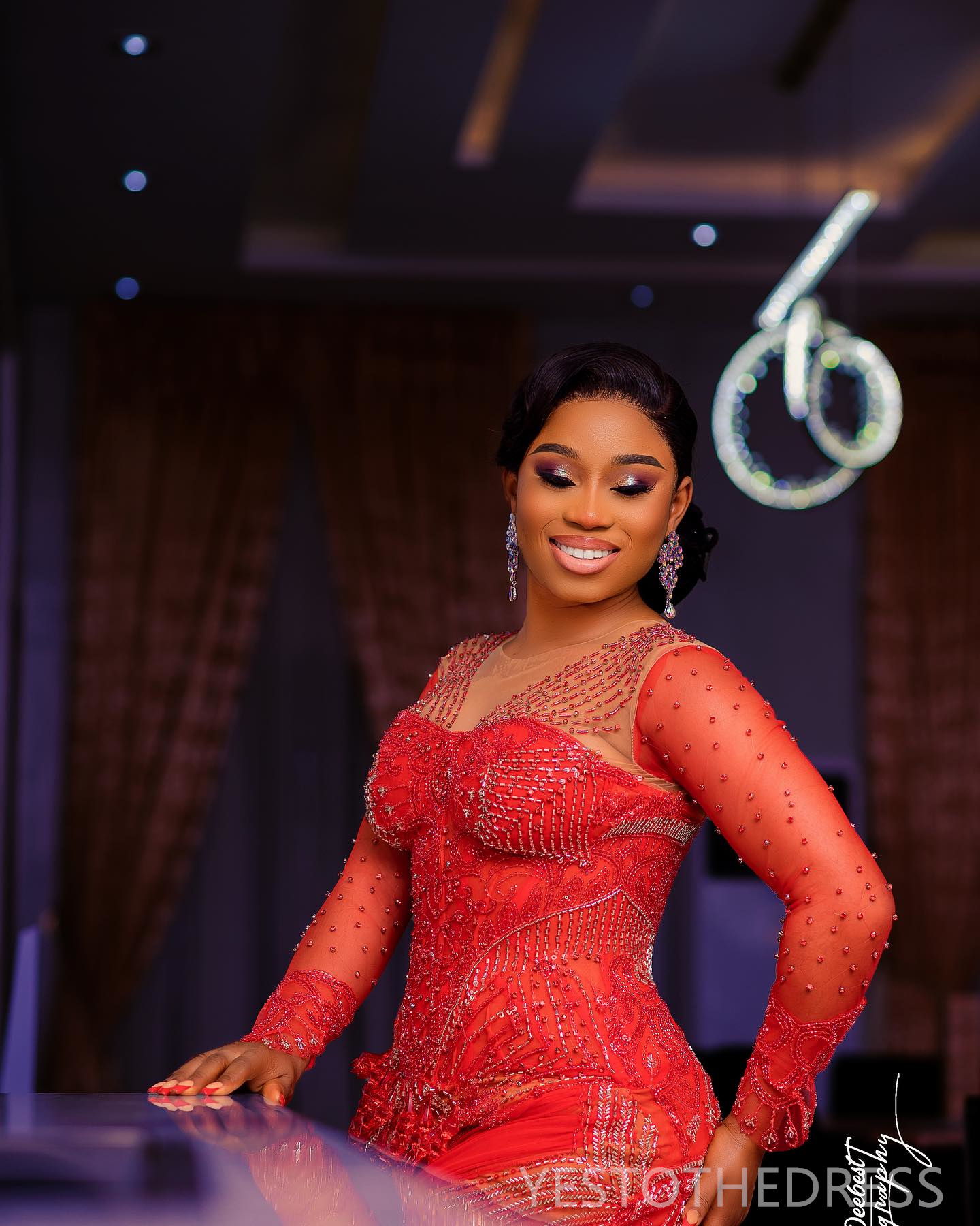 R&W 2024 Plus Size Red Prom Dress Mermaid Promdress Illusion Sheer Neck Long Sleeves Beaded Rhies ra Tiered Tulle Birthday Gown Second Reception Gowns