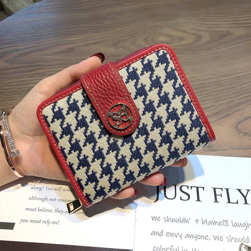 Original Brand Women Wallets Genuine Leather Short Wallet Houndstooth Embroidery Coin Purse Hasp Cowhide Billfold Card Holder