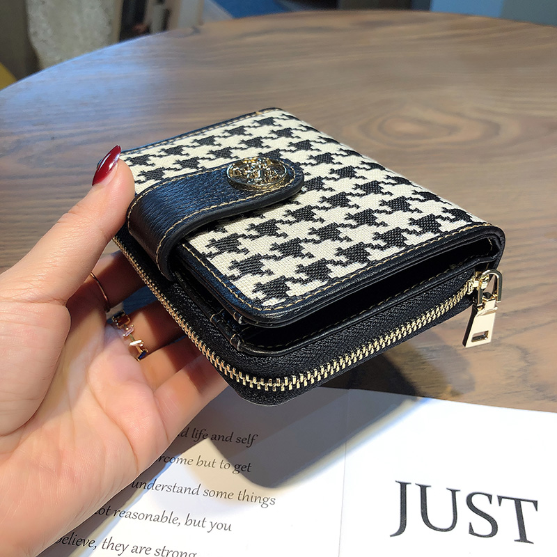 Original Brand Women Wallets Genuine Leather Short Wallet Houndstooth Embroidery Coin Purse Hasp Cowhide Billfold Card Holder