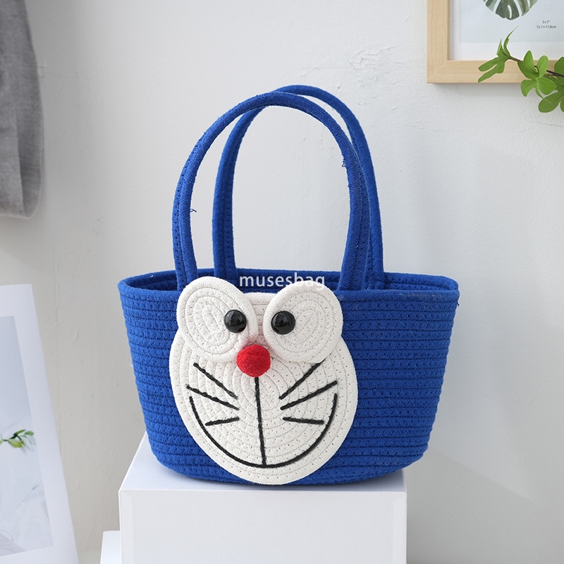 Advanced Women's Designer Cartoon Shaped Woven Large Capacity Handbag Stupid Cute Lightweight Practical Woven Bag for Daily Travel Cotton Rope Ba