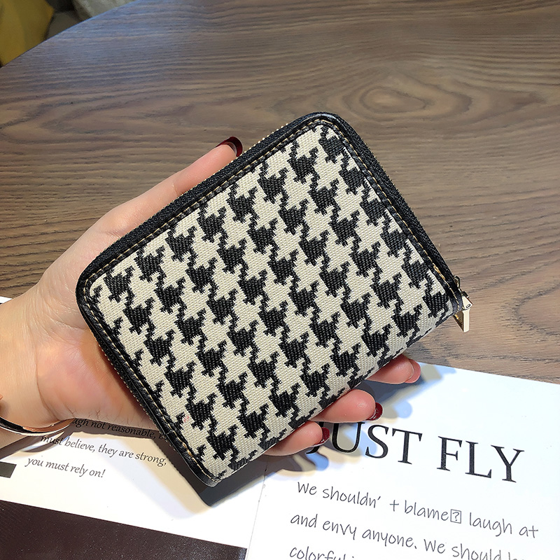 Original Brand Women Wallets Genuine Leather Short Wallet Houndstooth Embroidery Coin Purse Hasp Cowhide Billfold Card Holder
