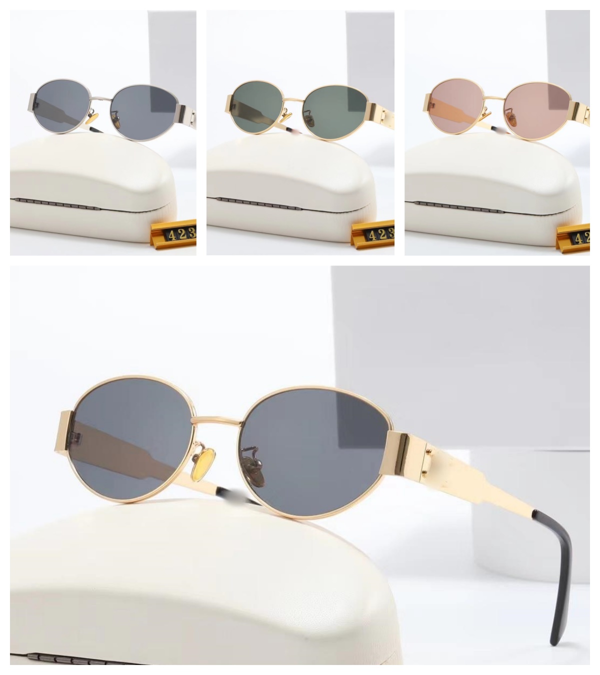 Womens Oval Frame Designer Sunglasses cl 4235 u 40194 402264 Women Metal Mirror Legs Green Lens Sunglasses Retro Small Round Frame Sexy Little Women Glasses