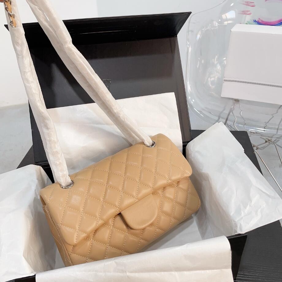 Womens Designer Lambskin Apricot Classic Double Flap Quilted Shoulder Bags Diamond Silver Metal Hardware Matelasse Chain Crossbody Handbag Luxury Purse 23cm